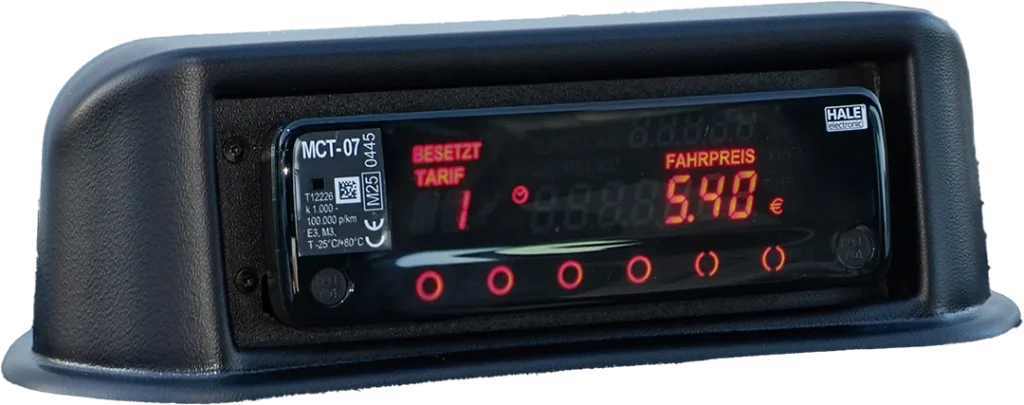 Taxameter mit roter Anzeige "BESETZT TARIF 1" und Fahrpreis "5.40 €